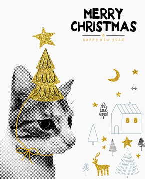 Merry Christmas and happy new year greeting card with cute cat in halftone collage. Vector illustration design.