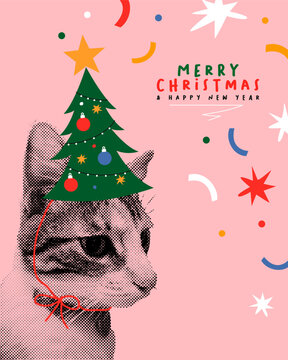 Cute Holiday cat with hat of christmas tree in halftone texture collage. Vector illustration of a seasonal greeting card.