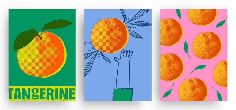 Colorful pop art style poster set featuring fresh, fun orange tangerines and halftone collage texture in vector illustration. Ideal for pattern, print, card, fabric, banner, cover.