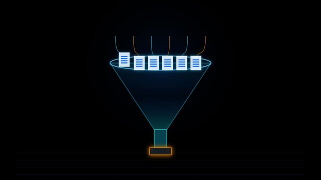 Digital files and data streams entering a blue funnel processing system