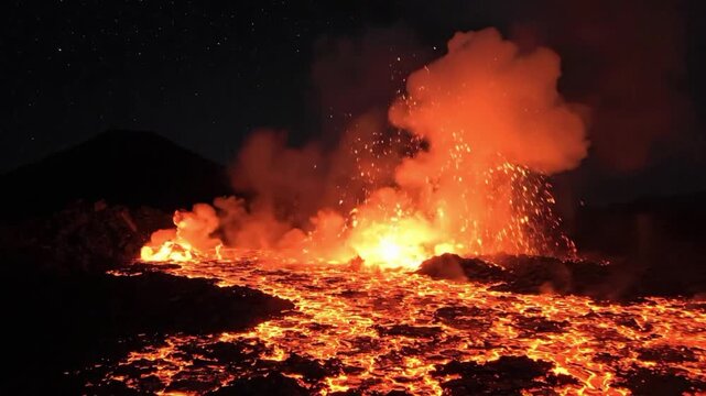 Steam rising from lava at night near a volcano