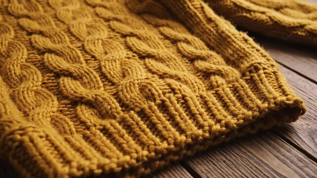 Close up view of the textured golden cable knit design of a cozy sweater on wooden background