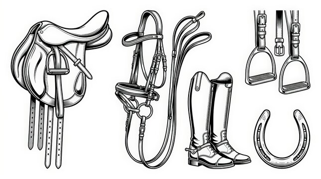 Vintage equestrian equipment set, horse riding gear illustrations, black and white leather saddle and bridle icons, classic horseshoe and riding boots