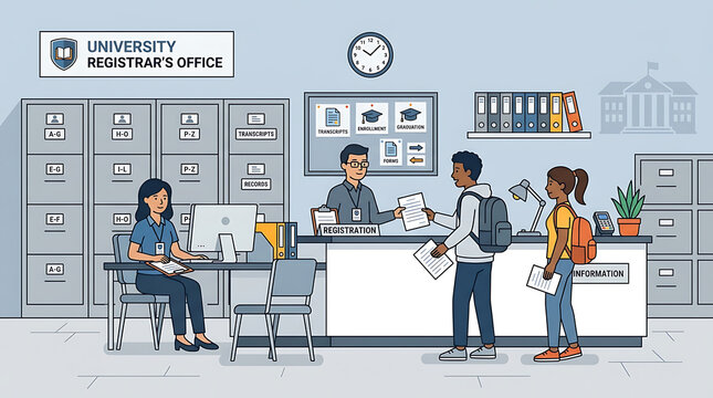 University students interacting with staff at a registrar's office registration counter