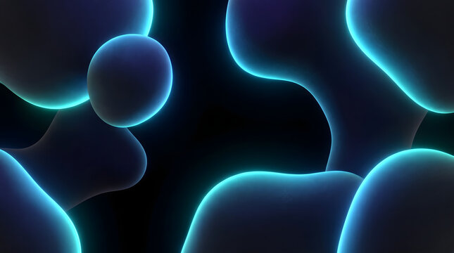 Abstract Glowing Blue Liquid Blobs with Organic Molecules and Bioluminescent Light on Dark Background