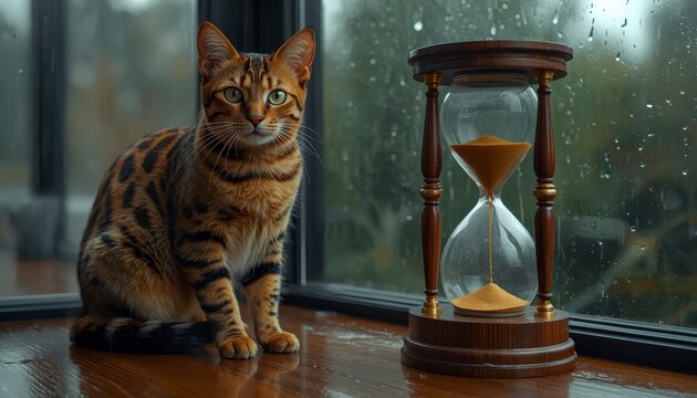 Bengal cat sitting by rainy window next to vintage wooden hourglass on wooden sill