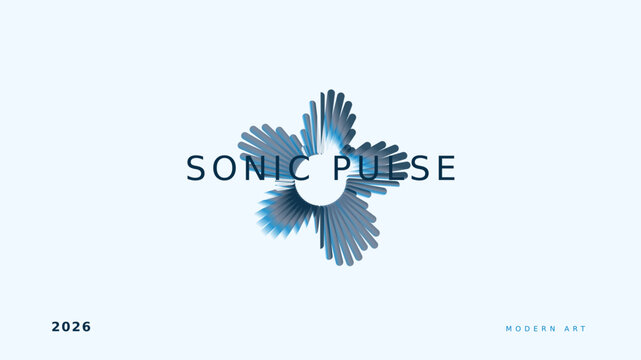 Sonic Pulse abstract sound wave vector, blue radial audio frequency visualization, modern digital music waveform logo design with 2026 text