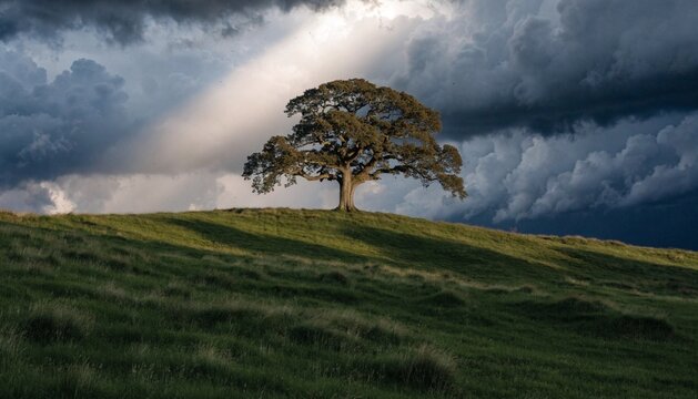 Sunlight breaking through dark storm clouds onto a solitary oak tree standing atop a rolling green hill.  