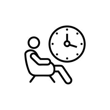 Person waiting in a chair with clock icon for patience and delay.
