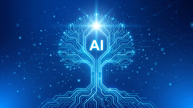 Digital tree made of circuit board lines representing artificial intelligence technology and data network connectivity on a blue background
