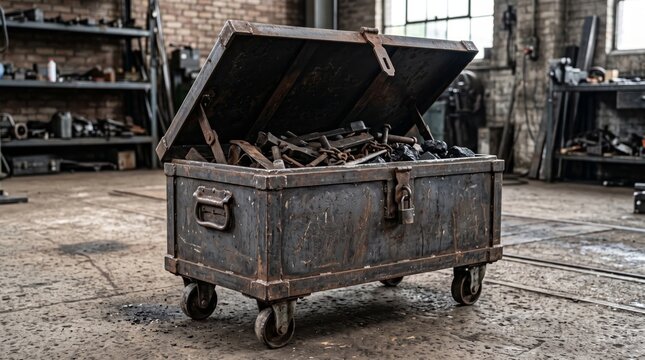 Industrial Metal Scrap Bin on Wheels in Workshop.