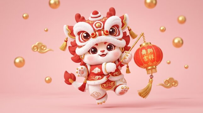 Cute Chinese New Year Lion Dance Mascot Holding Lantern.