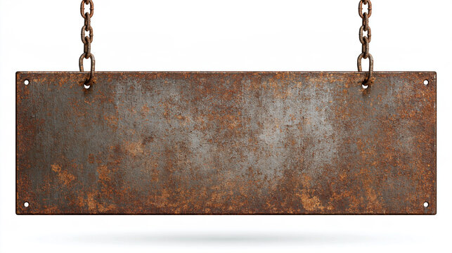 A rusty metal sign hangs from heavy chains isolated on white background. This industrial banner mockup is perfect for custom messaging and rustic signage designs.