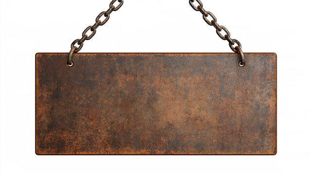 A rusty metal sign hanging from chains isolated on white background. Useful for industrial design and custom signage concepts.