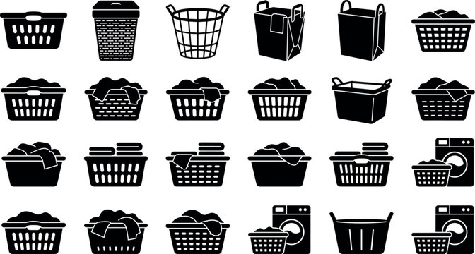 Laundry basket icon vector set featuring black silhouettes of plastic hampers clothes bins washing machines folded towels and dirty clothing piles isolated on white background