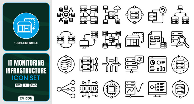 It monitoring infrastructure icon set, vector line icons for network management, server systems, and data center operations
