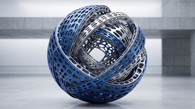 A metallic spherical structure with perforated bands rests in a modern interior architectural sphere