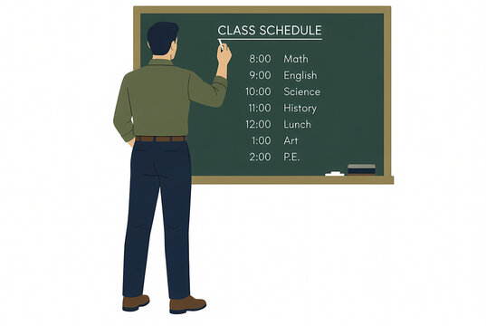 Flat vector illustration of a male teacher or student standing with his back to the camera, writing a daily class schedule on a green chalkboard with various school subjects and times.