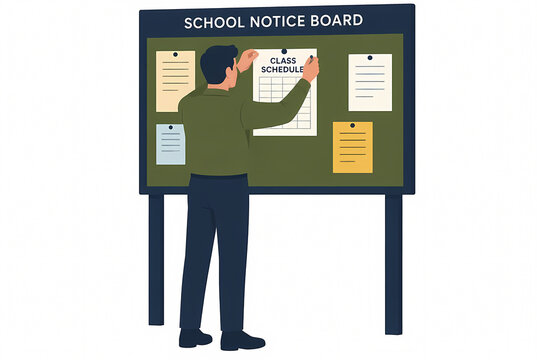 Flat vector illustration of a man pinning a class schedule on a school notice board, educational concept showing a student or teacher organizing information on a bulletin board.