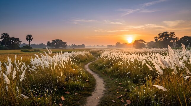 Kash phool field landscape at sunset for durga puja festival background