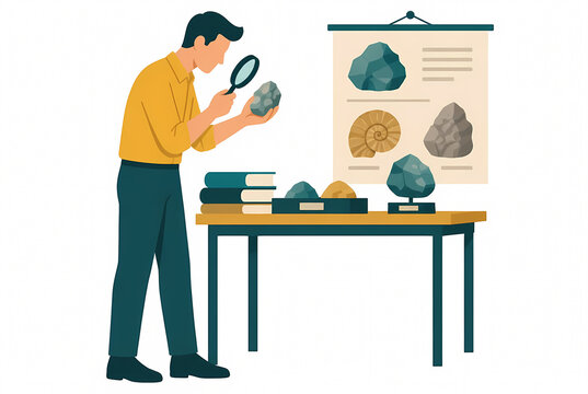 Flat vector illustration of a professional geologist or scientist using a magnifying glass to examine a rock specimen in a study room with mineral collections, fossils, and books.