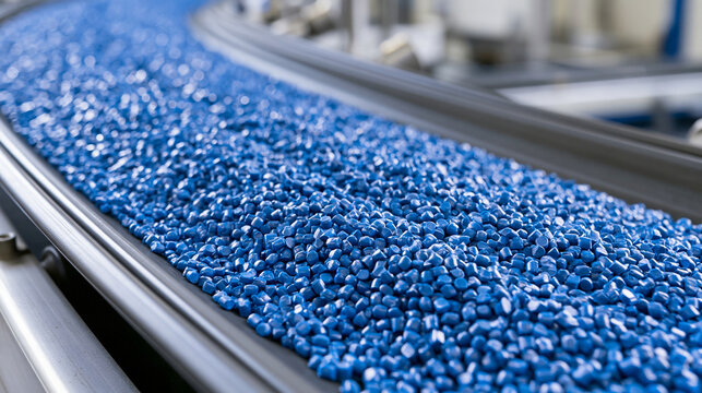 Close-up of blue plastic pellets on a conveyor belt in a manufacturing facility. Industrial raw material for plastic production and recycling.