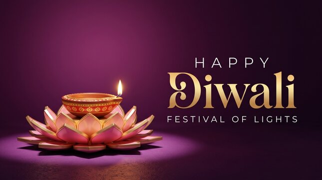 Happy diwali festival of lights greeting card with a burning oil lamp diya on a dark purple elegant background