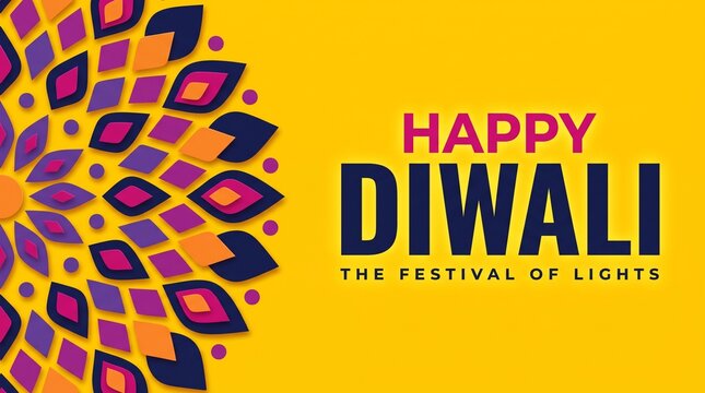 Happy diwali festival of lights greeting card with colorful mandala pattern and text on a bright yellow background