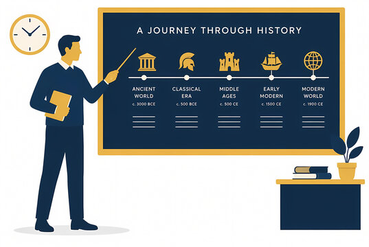 Historical education vector illustration of a male teacher or professor presenting a world history timeline on a blackboard from the ancient world to the modern era.