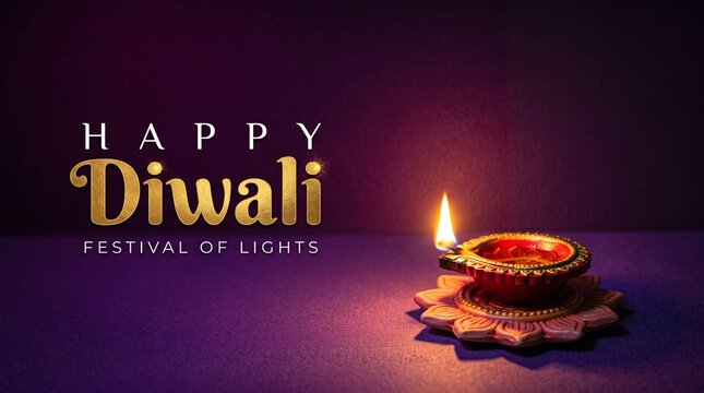 Happy diwali festival of lights greeting card with a burning oil lamp diya on a dark purple background view