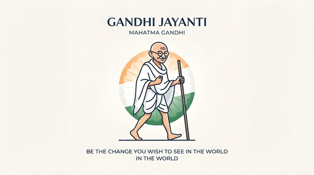 Cute Mahatma Gandhi Character Walking with Stick and Spinning Wheel Charkha for Gandhi Jayanti Festival Vector