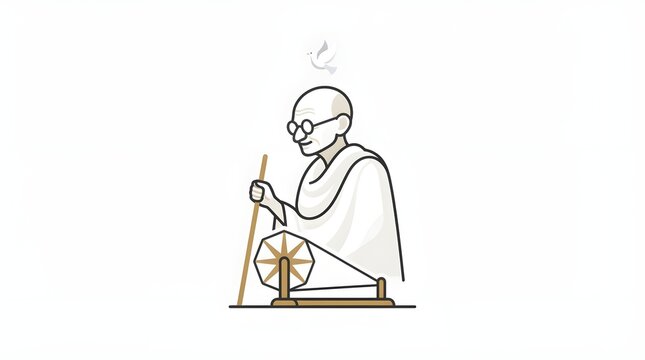 Cute Mahatma Gandhi Character Walking with Stick and Spinning Wheel Charkha for Gandhi Jayanti Festival Vector