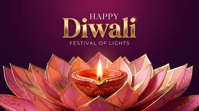 Happy diwali festival of lights greeting card with a burning oil lamp diya inside a beautiful golden lotus flower