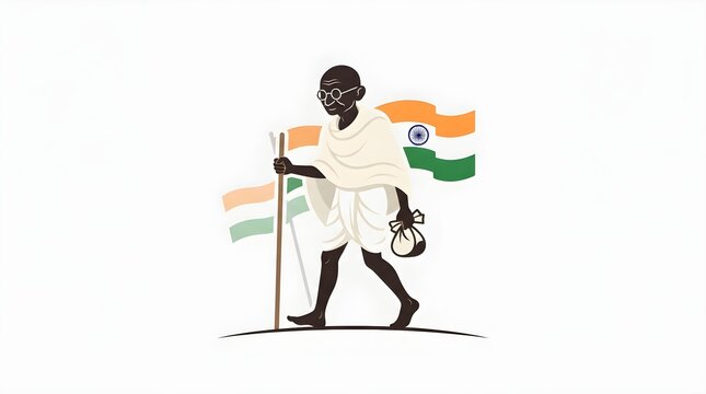 Cute Mahatma Gandhi Character Walking with Stick and Spinning Wheel Charkha for Gandhi Jayanti Festival Vector