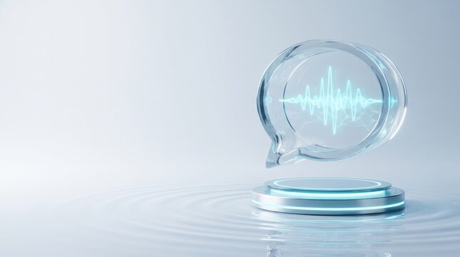 Glass speech bubble icon with a glowing blue sound wave symbol floating above a modern metallic display podium