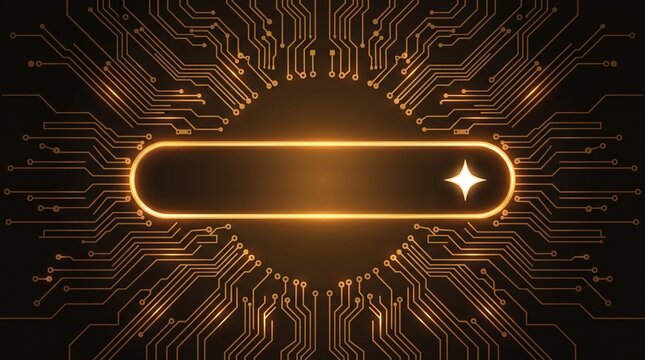 Glowing orange light button on a dark computer circuit board with gold lines and electronic connection paths