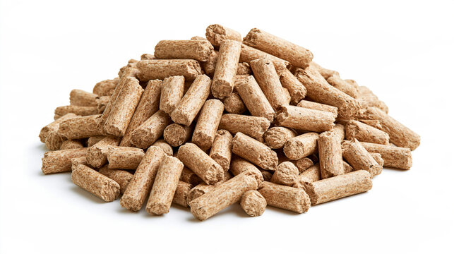 A pile of compressed wood pellets for renewable energy heating isolated on white background. Ideal for biomass fuel and eco heating concepts.