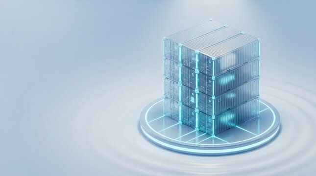 Stack of shipping containers with glowing blue digital light lines on a circular platform in a tech studio