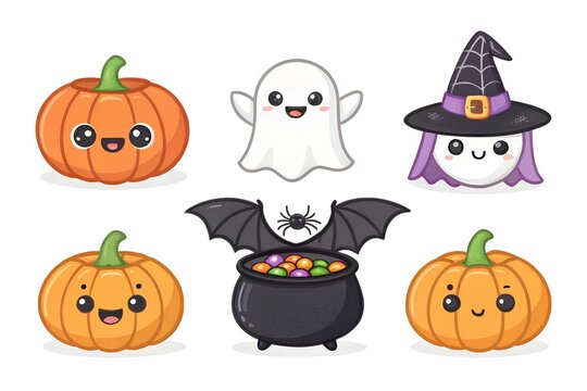 Cute halloween icons set pumpkin ghost bat witch hat spiderweb and candy cauldron isolated on transparent background