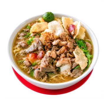 soto bogor, soto mie, indonesian food, beef soup, indonesian cuisine, food photography, white background, isolated, traditional food, emping crackers, asian food, culinary, delicious, meat soup, clear