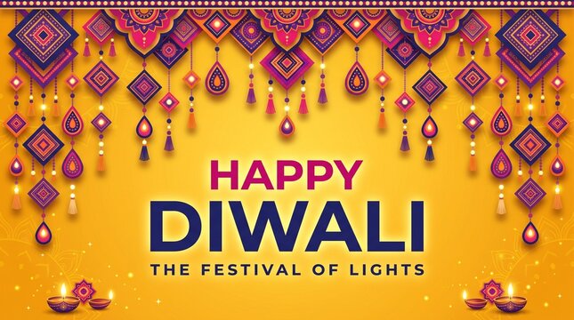 Happy diwali greeting card design with colorful hanging decorations and bright oil lamps on a yellow background
