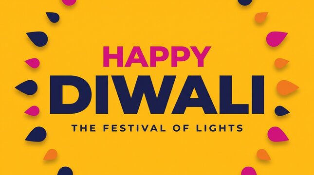Happy diwali greeting card design with colorful abstract light shapes on a bright yellow background template