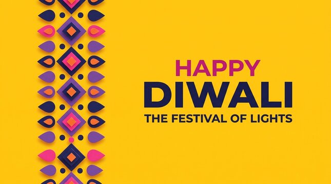 Happy diwali festival of lights greeting card with colorful traditional patterns on a bright yellow background