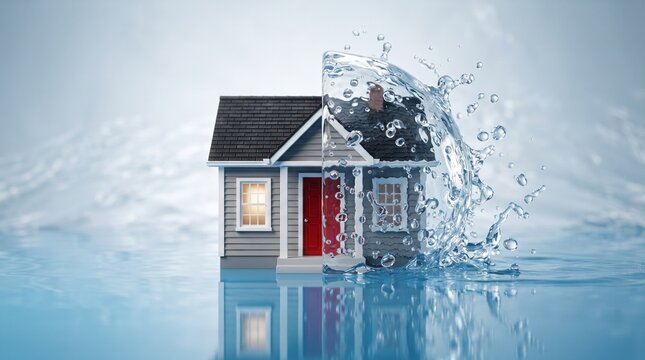 Small wooden house being hit by a large wave of water representing a home insurance flood disaster concept