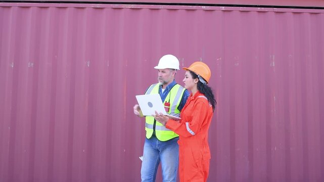 Engineers wearing safety helmets and high visibility clothing discussing logistics and inspecting shipping terminal representing container management freight.