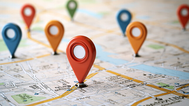 Colorful map pins placed on a detailed city street map background. Navigation and travel destination concept for logistics ads.