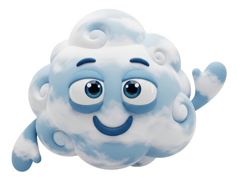 Happy cute blue cloud character waving hand on white backgrou
