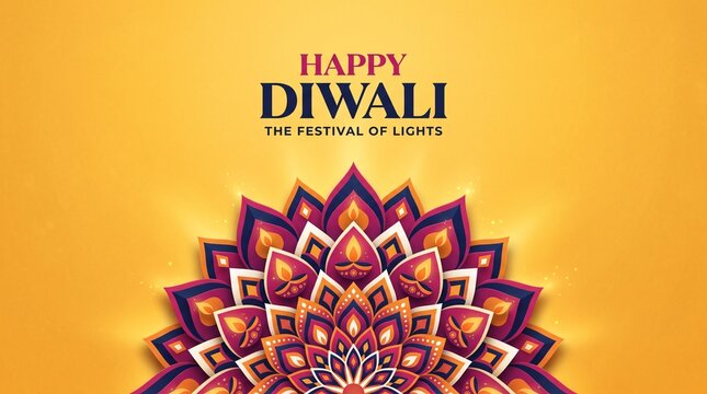 Happy diwali festival of lights greeting card design with colorful mandala pattern and elegant golden background