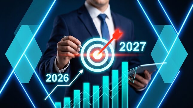 Professional businessman hitting a target with a dart for business growth and financial success in year 2027