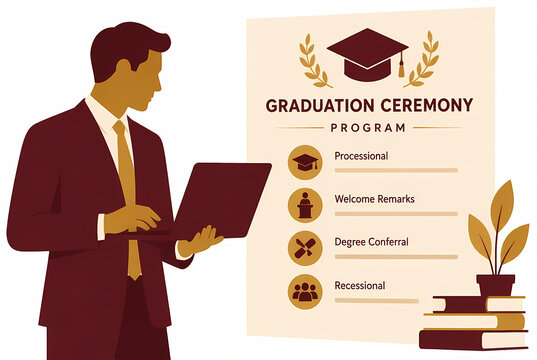 Vector Illustration of a Professional Man in a Suit Holding a Laptop while Reviewing a Graduation Ceremony Program Poster with Academic Icons, Books, and Education Design Elements